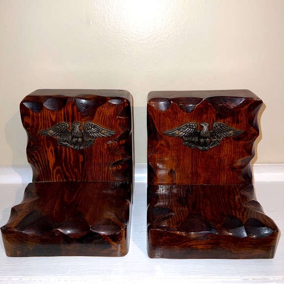 Vintage brass eagle Handmade Carved wooden bookends Signed WCF 1973 - Picture 1 of 10